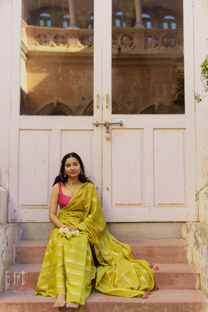 Gold & Silver Lurex Stripes Saree With Tassels