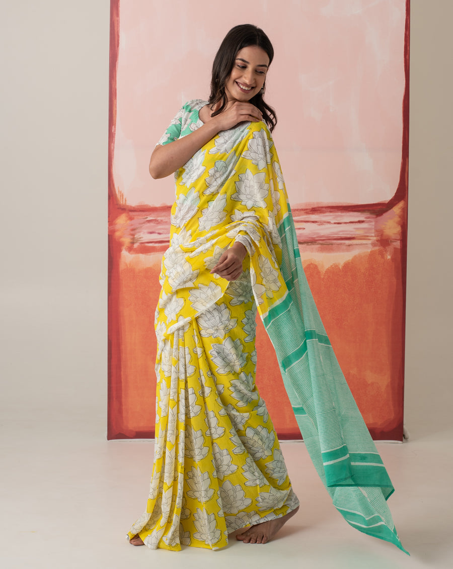 Hema Malini's Mallika - Lotus Print Mul Cotton Saree
