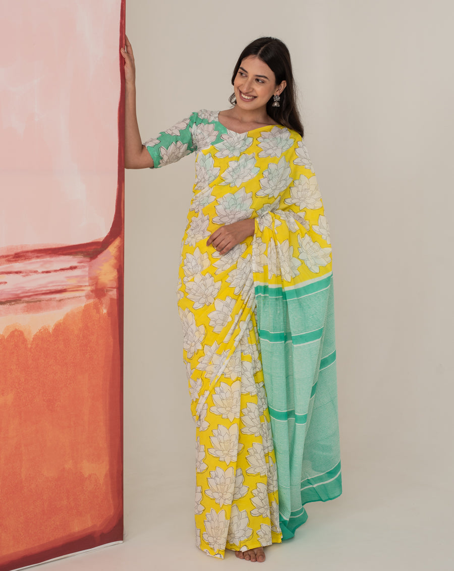 Hema Malini's Mallika - Lotus Print Mul Cotton Saree