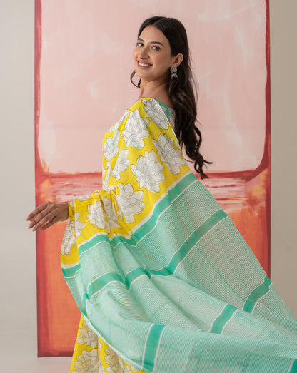 Hema Malini's Mallika - Lotus Print Mul Cotton Saree