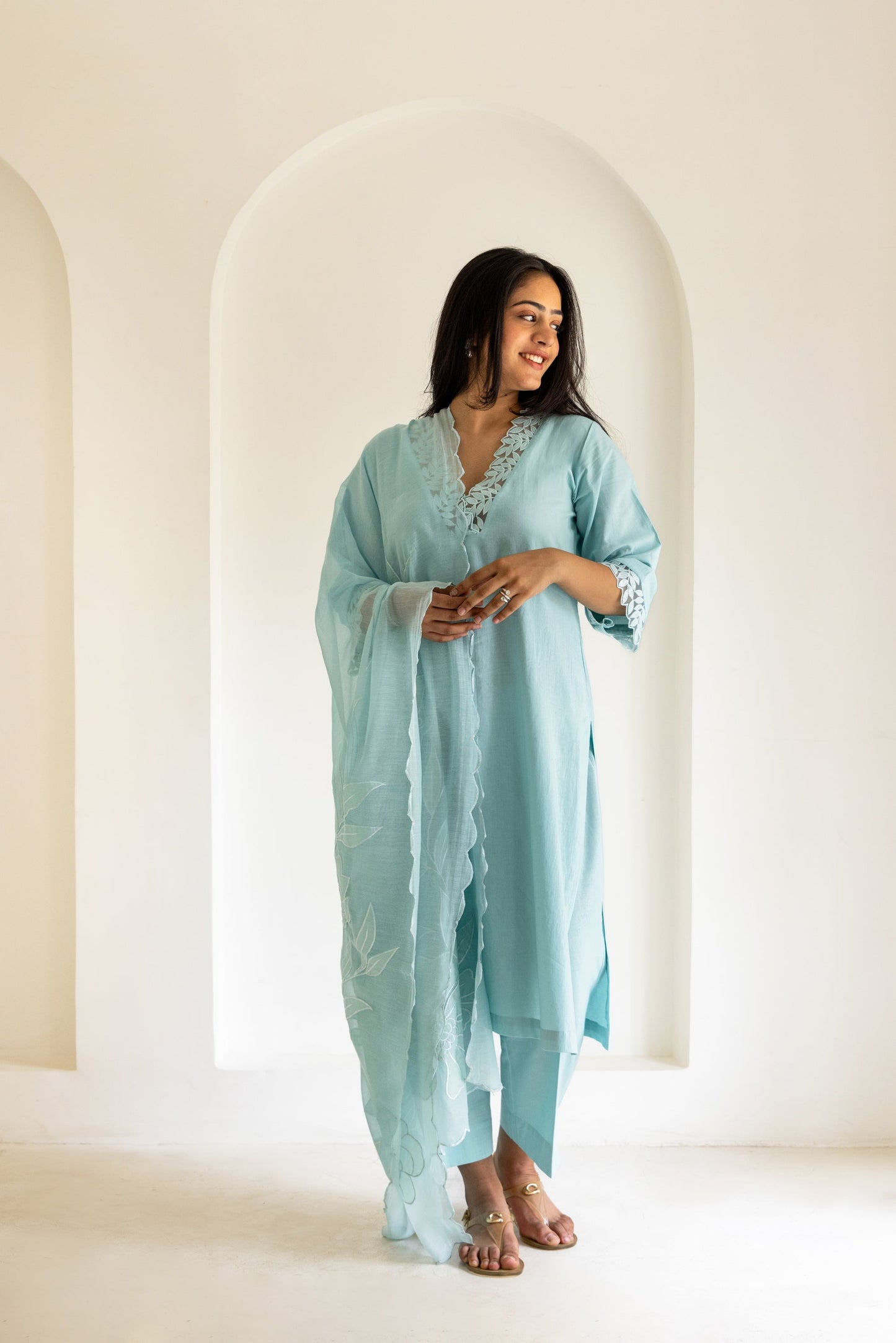 Powder Blue Cotton Scalloped Patchwork Kurta Set