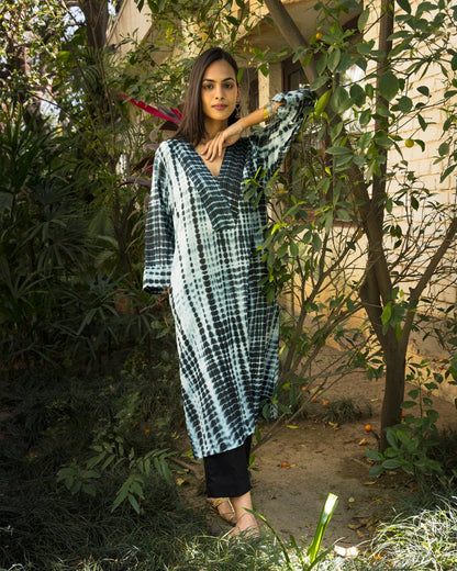 Monochrome Tie Dye Cotton Kurta and Pant Set