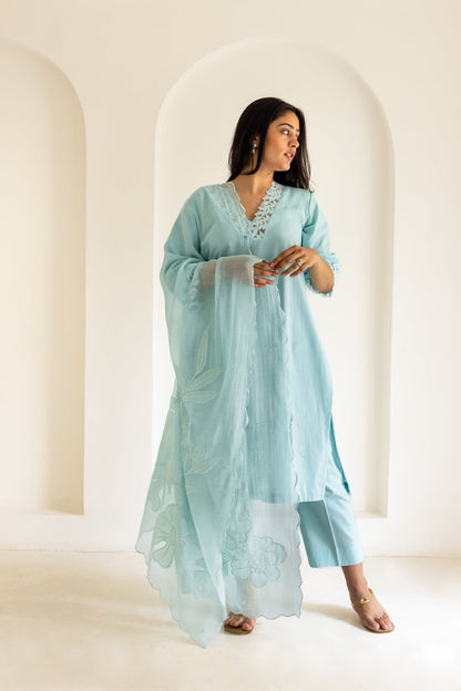 Powder Blue Cotton Scalloped Patchwork Kurta Set