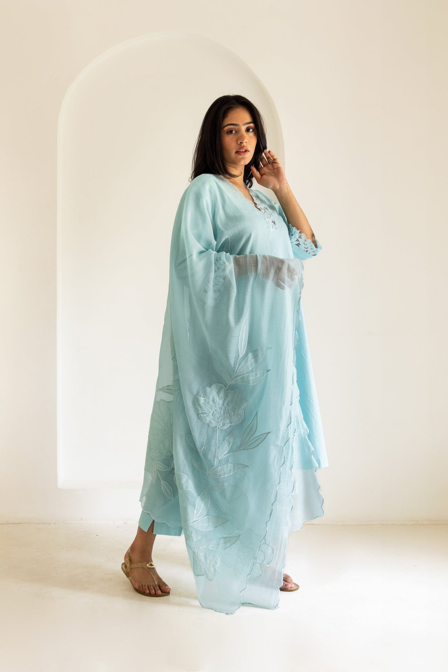 Powder Blue Cotton Scalloped Patchwork Kurta Set