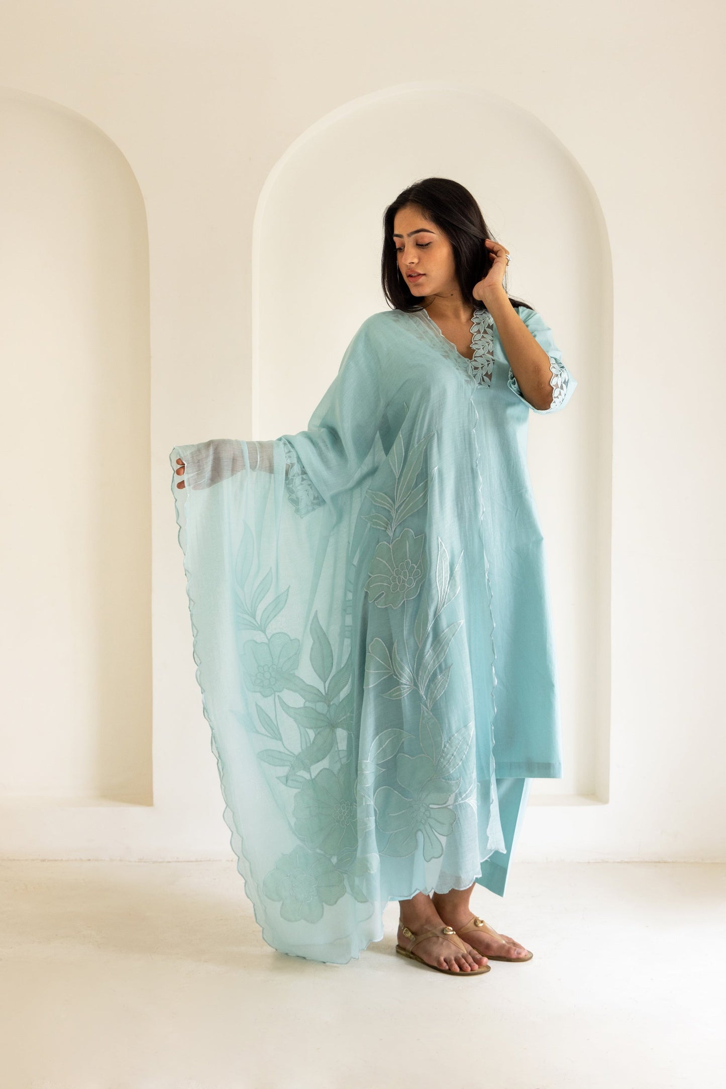 Powder Blue Cotton Scalloped Patchwork Kurta Set