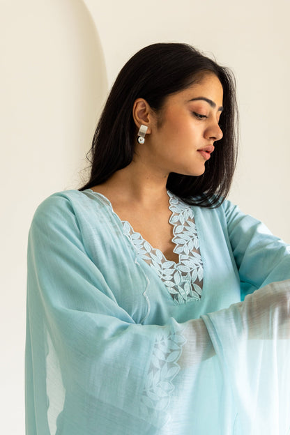 Powder Blue Cotton Scalloped Patchwork Kurta Set