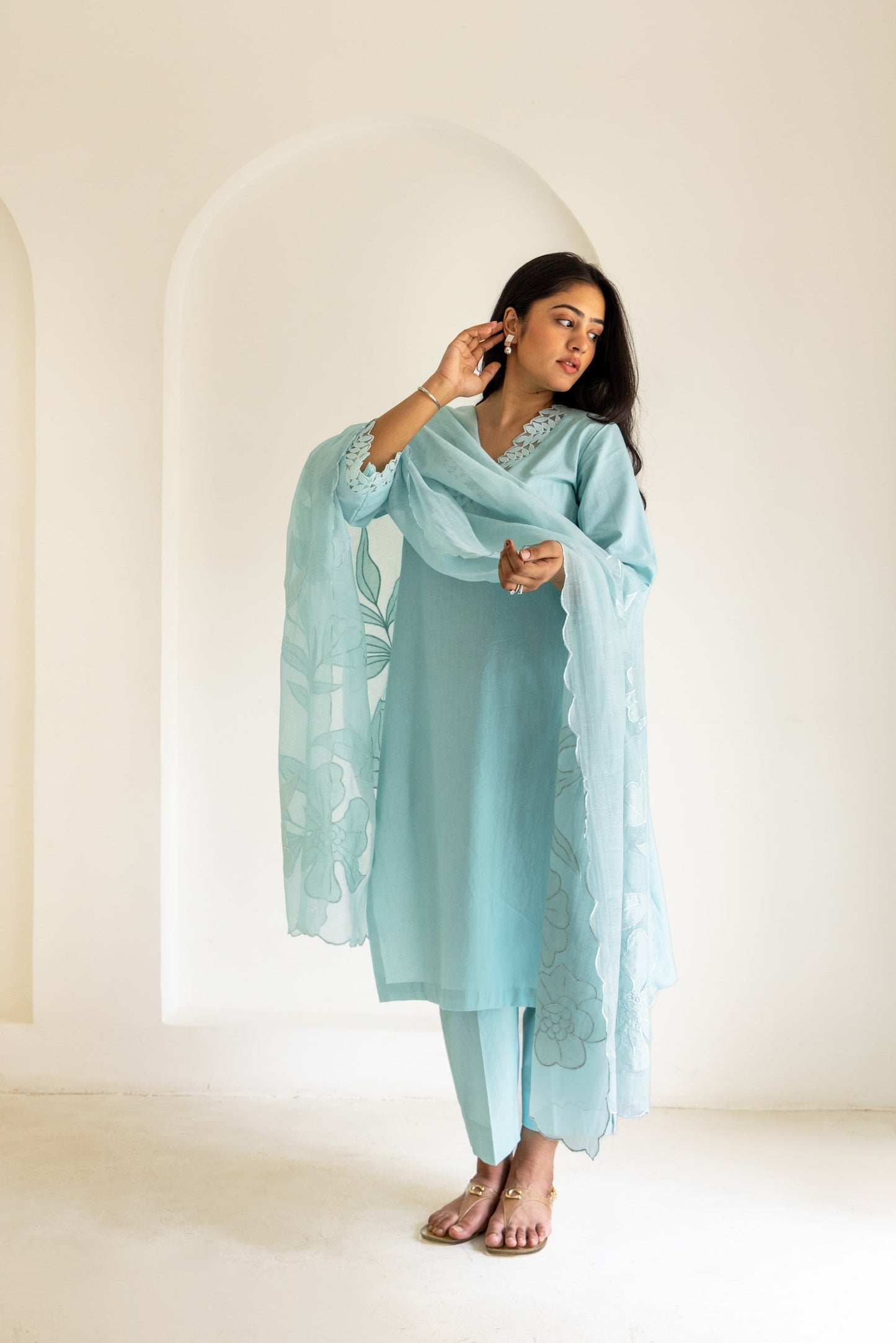 Powder Blue Cotton Scalloped Patchwork Kurta Set