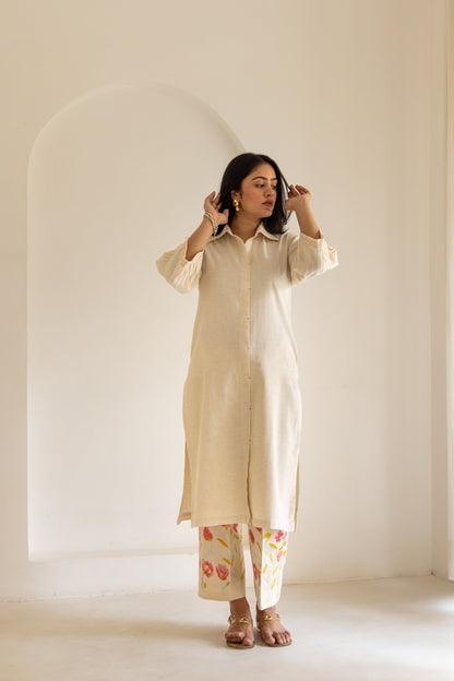 Ivory Cream Floral Embroidered Kurta Pants Set