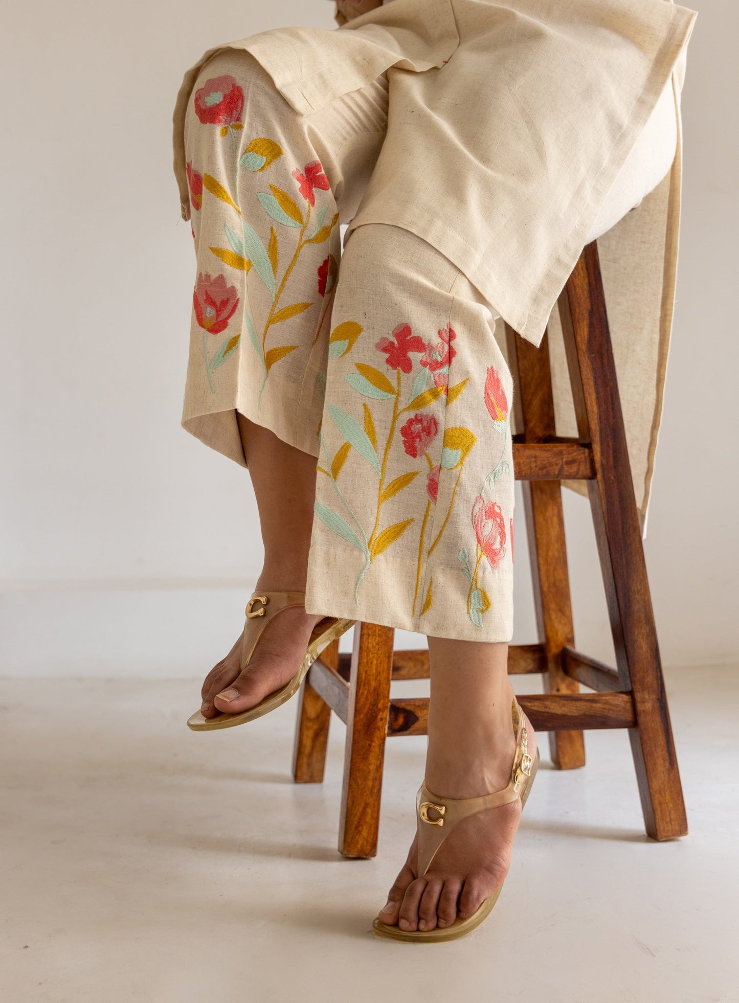 Ivory Cream Floral Embroidered Kurta Pants Set