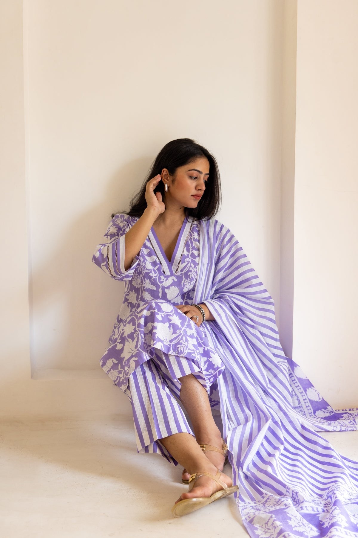 Lilac Block Printed Cotton Kurta Set