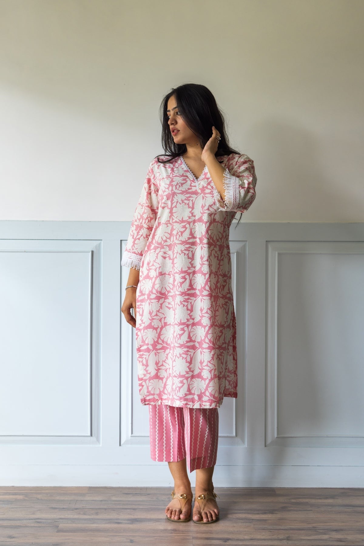 Petal Pink Block Printed Cotton Kurta Pants Set