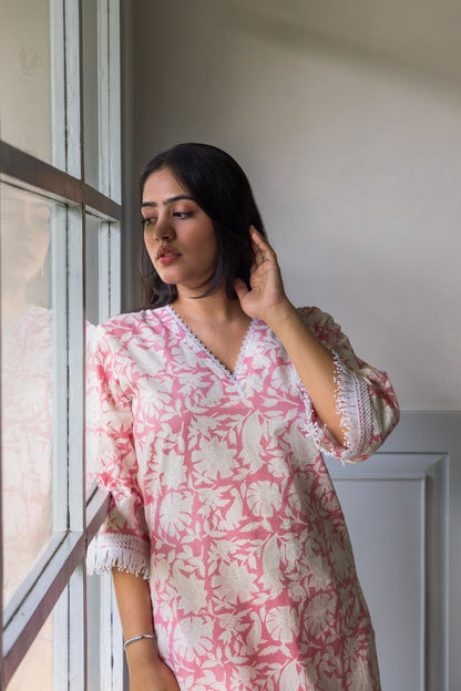 Petal Pink Block Printed Cotton Kurta Pants Set