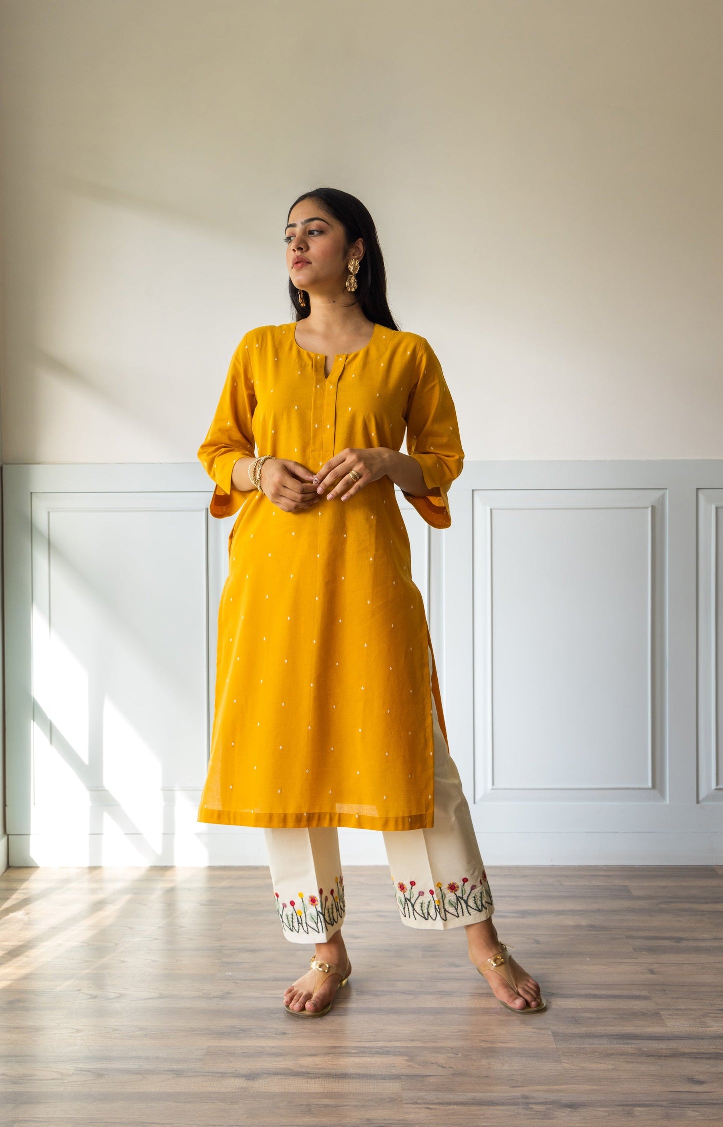 Honey Yellow Embroidered Kurta Pants Set