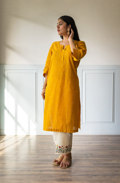 Honey Yellow Embroidered Kurta Pants Set