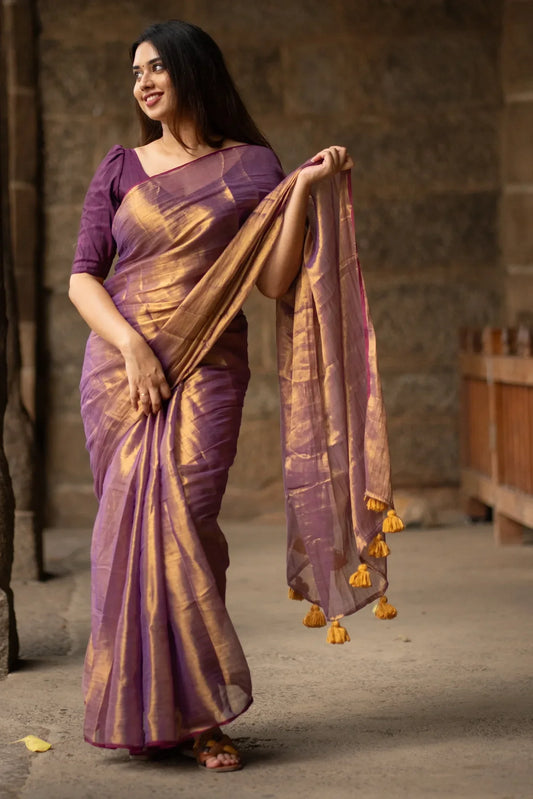 Metallic Zari tissue Saree With Handmade Tassels