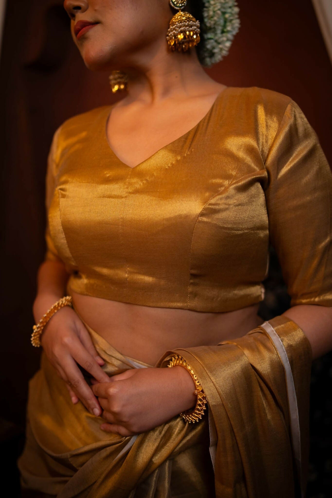 Kanak Golden Cotton Tissue Elbow Sleeve Blouse with V neck