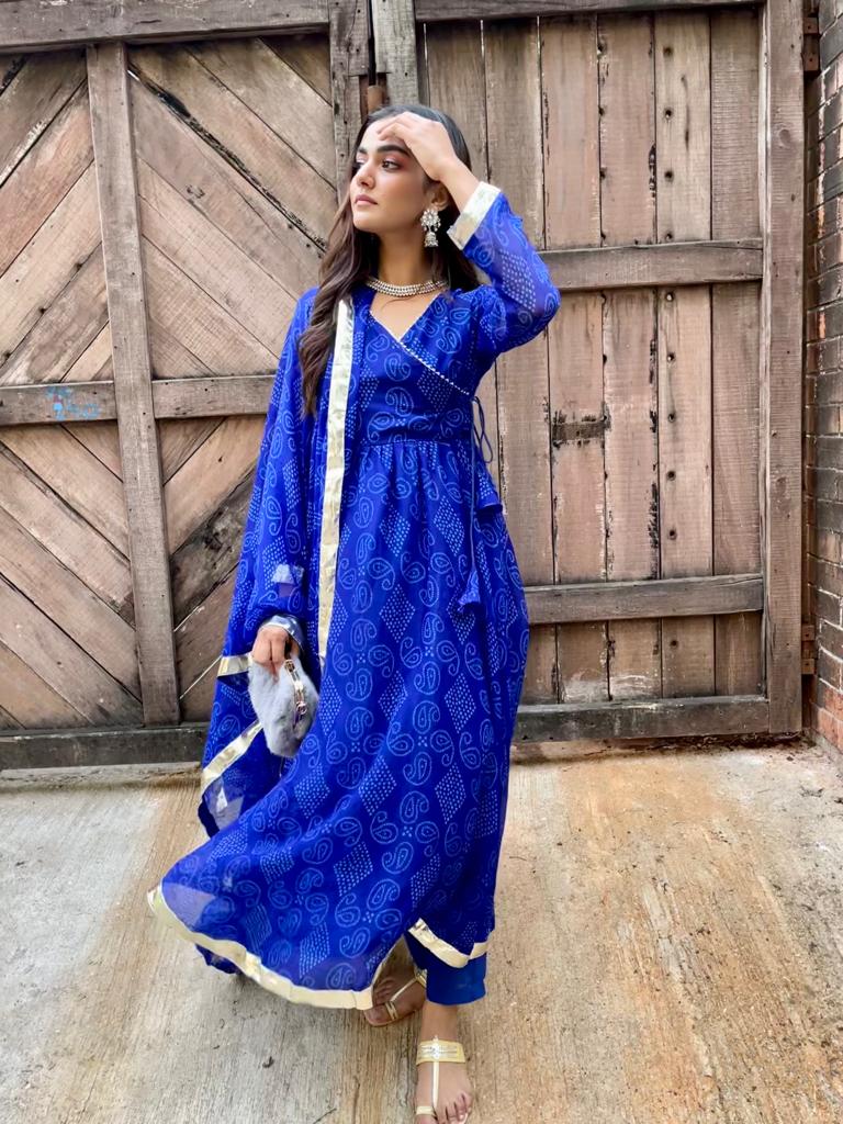 Angrakha Pattern Blue Anarkali Suit Set with Side Slit