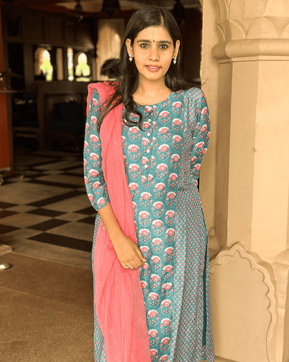 Teal Blue Printed Suit Set with Kota Doria Dupatta