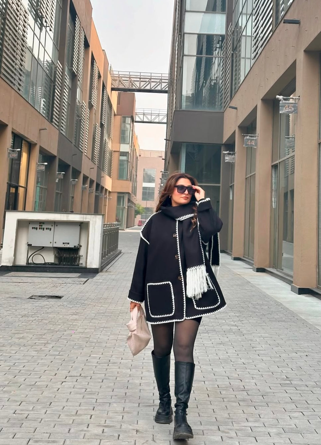 Serena OverCoat With Scarf in Black