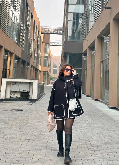 Serena OverCoat With Scarf in Black