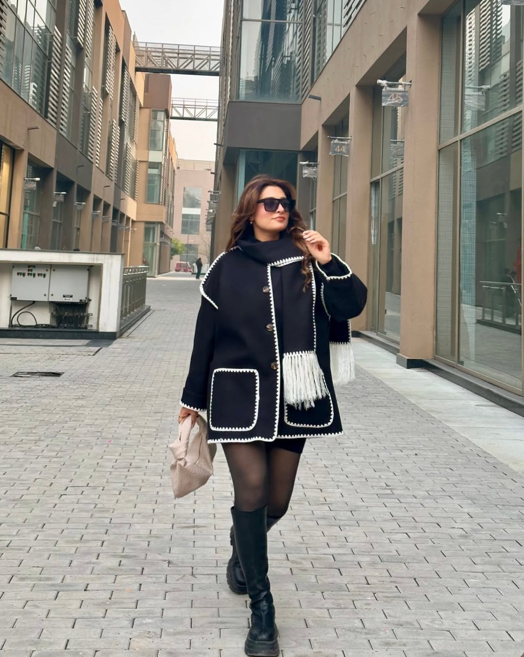 Serena OverCoat With Scarf in Black