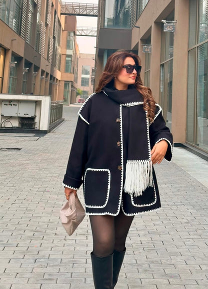 Serena OverCoat With Scarf in Black