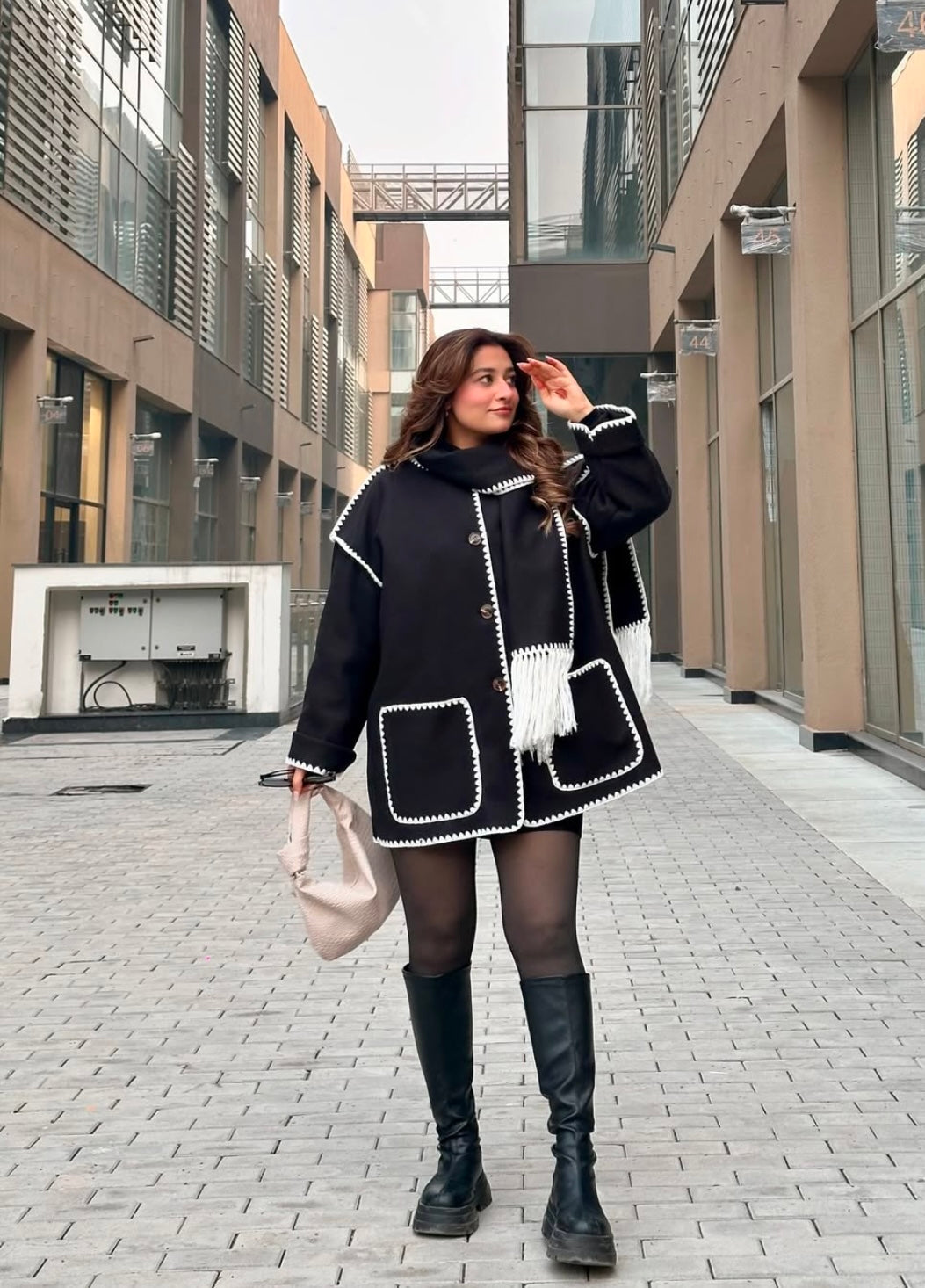 Serena OverCoat With Scarf in Black