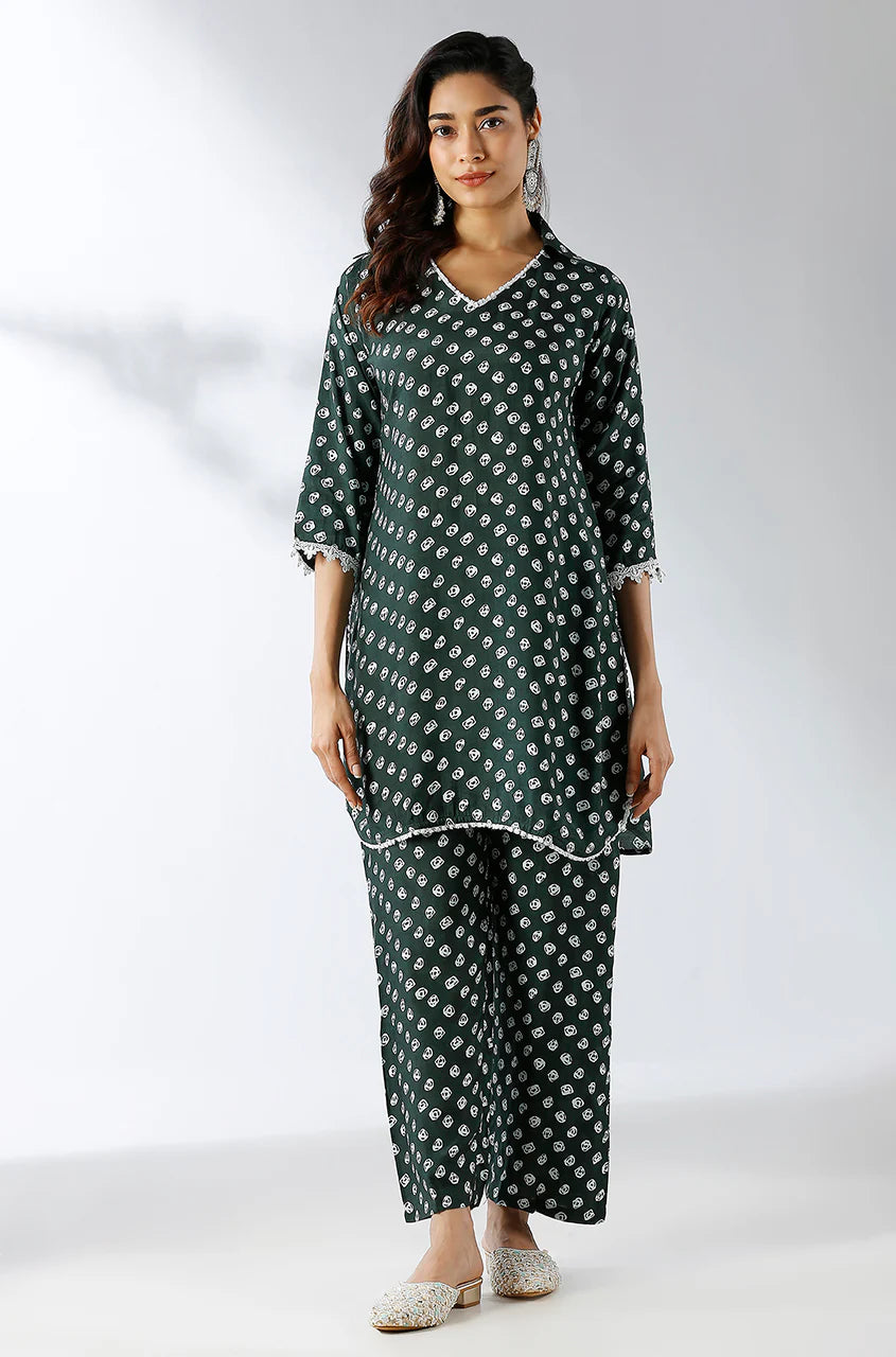 Collared Printed Two Piece Kurta Set