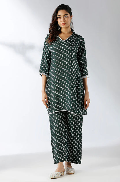 Collared Printed Two Piece Kurta Set