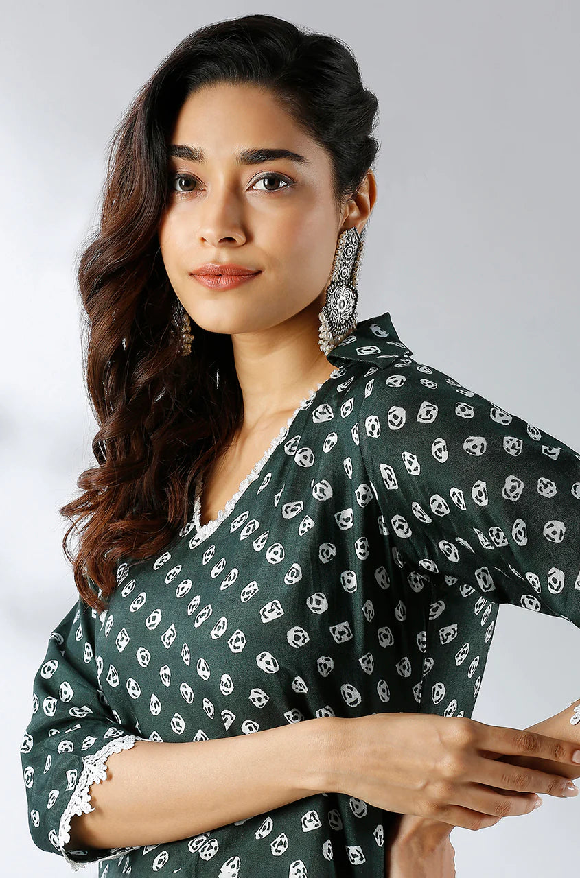 Collared Printed Two Piece Kurta Set