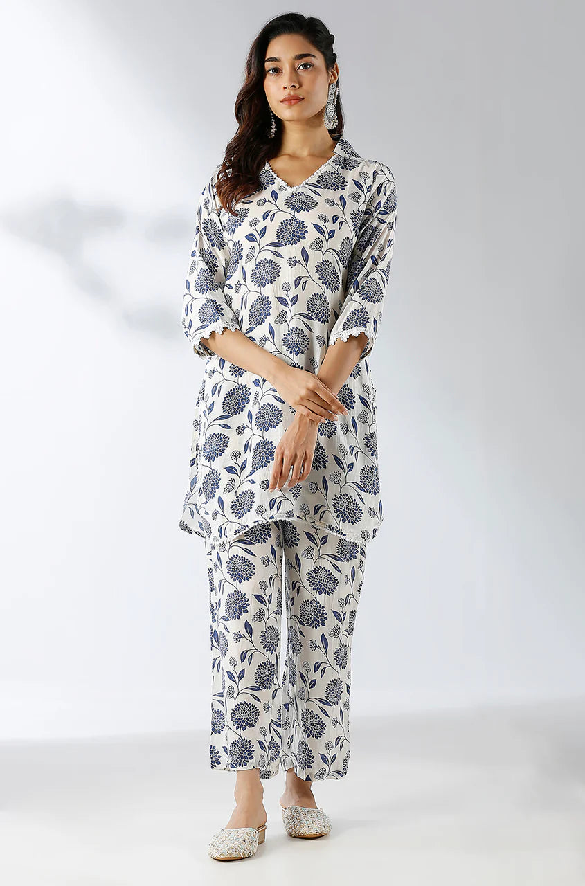 Collared Printed Two Piece Kurta Set