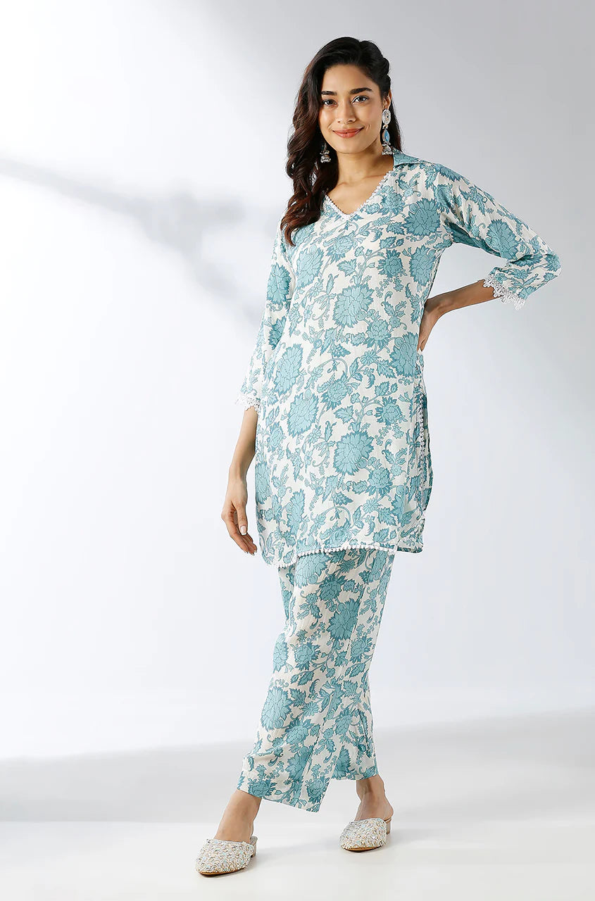 Collared Printed Two Piece Kurta Set