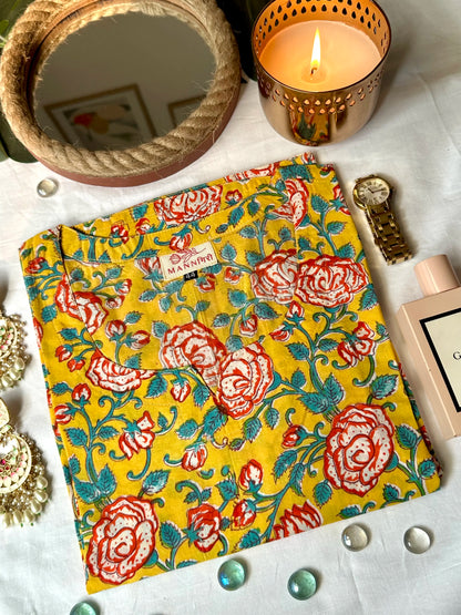 Block Printed Long Kurta - Rose Yellow