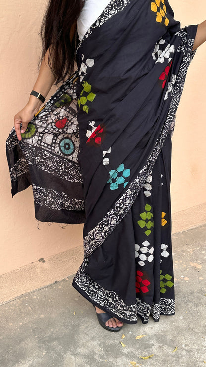 Be My Mystry Mulmul Cotton Block Printed Black Saree