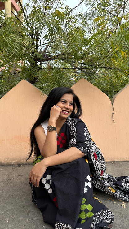 Be My Mystry Mulmul Cotton Block Printed Black Saree