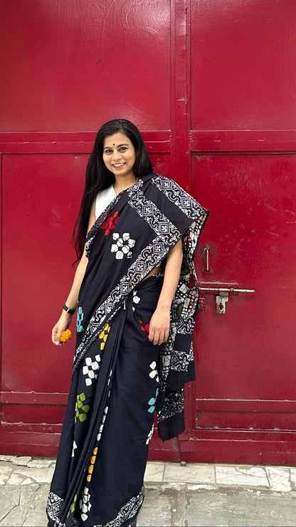 Be My Mystry Mulmul Cotton Block Printed Black Saree