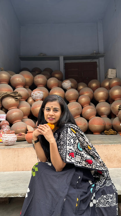 Be My Mystry Mulmul Cotton Block Printed Black Saree