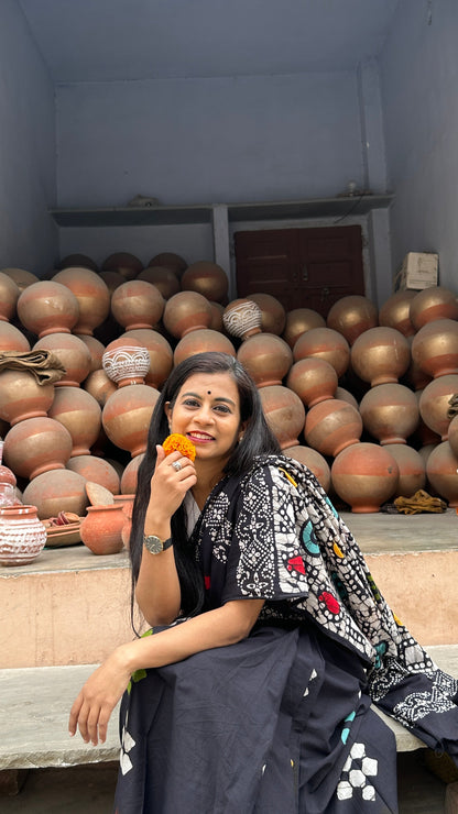 Be My Mystry Mulmul Cotton Block Printed Black Saree