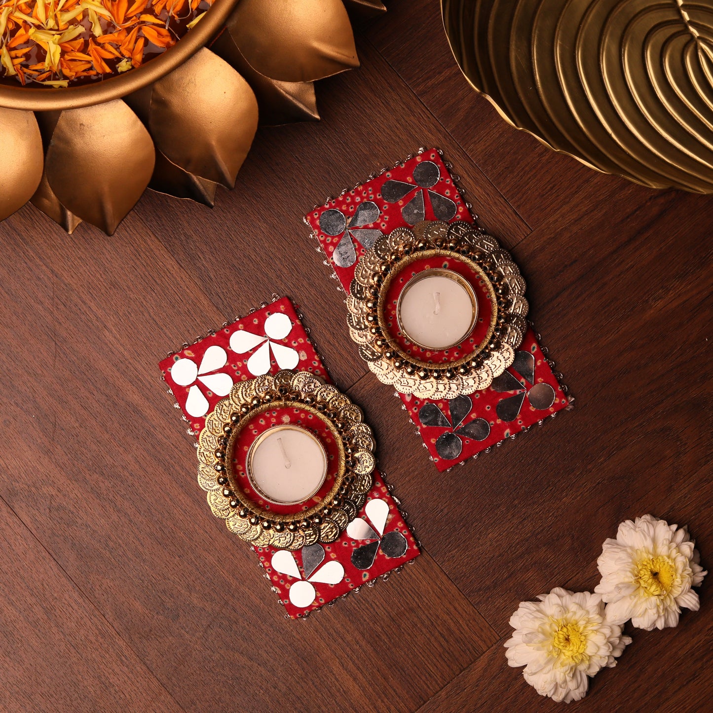 Red Mirror-work Festive Diya