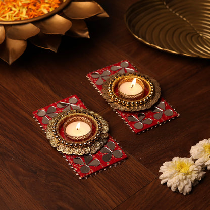 Red Mirror-work Festive Diya