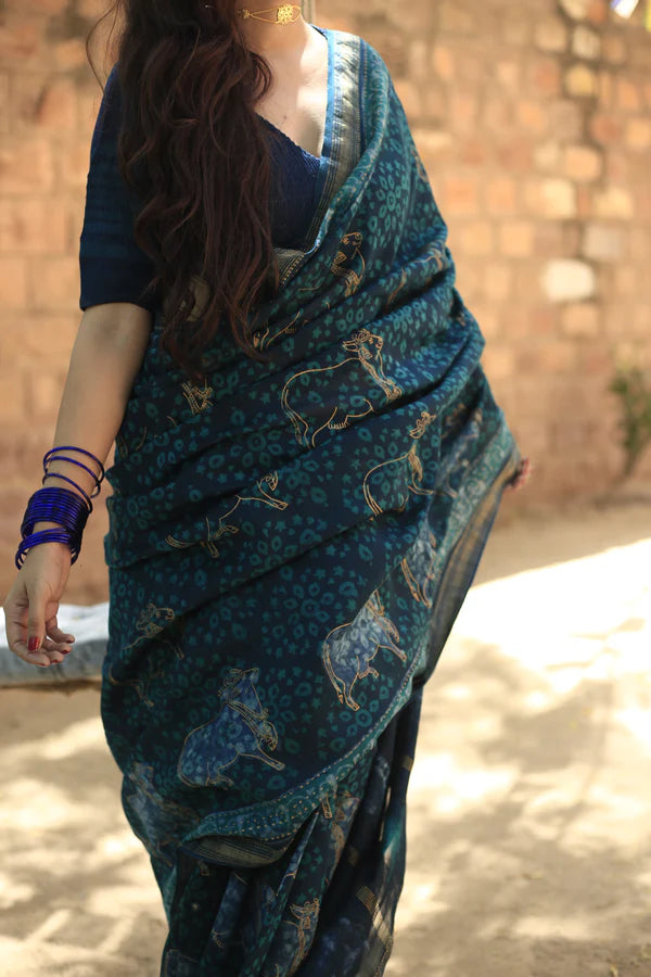 Shweta Pichwai Handblock Printed Silk Saree