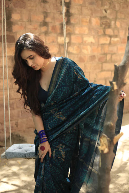 Shweta Pichwai Handblock Printed Silk Saree