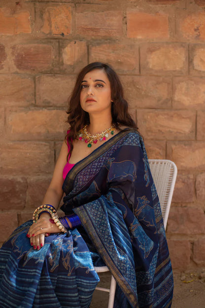 Shweta Pichwai Handblock Printed Silk Saree