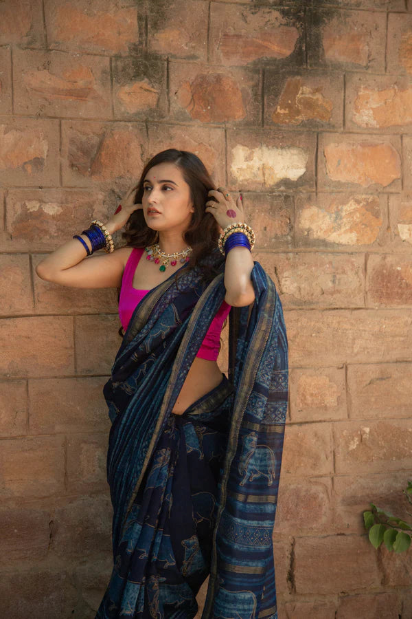 Shweta Pichwai Handblock Printed Silk Saree