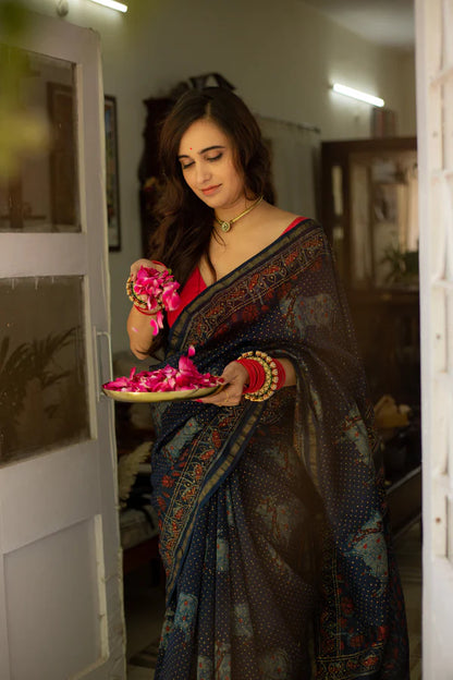 Shweta Pichwai Handblock Printed Silk Saree