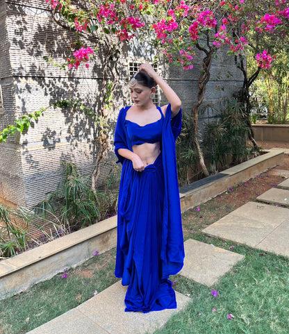 3 Piece Electric Blue Pre-stiched Saree Set