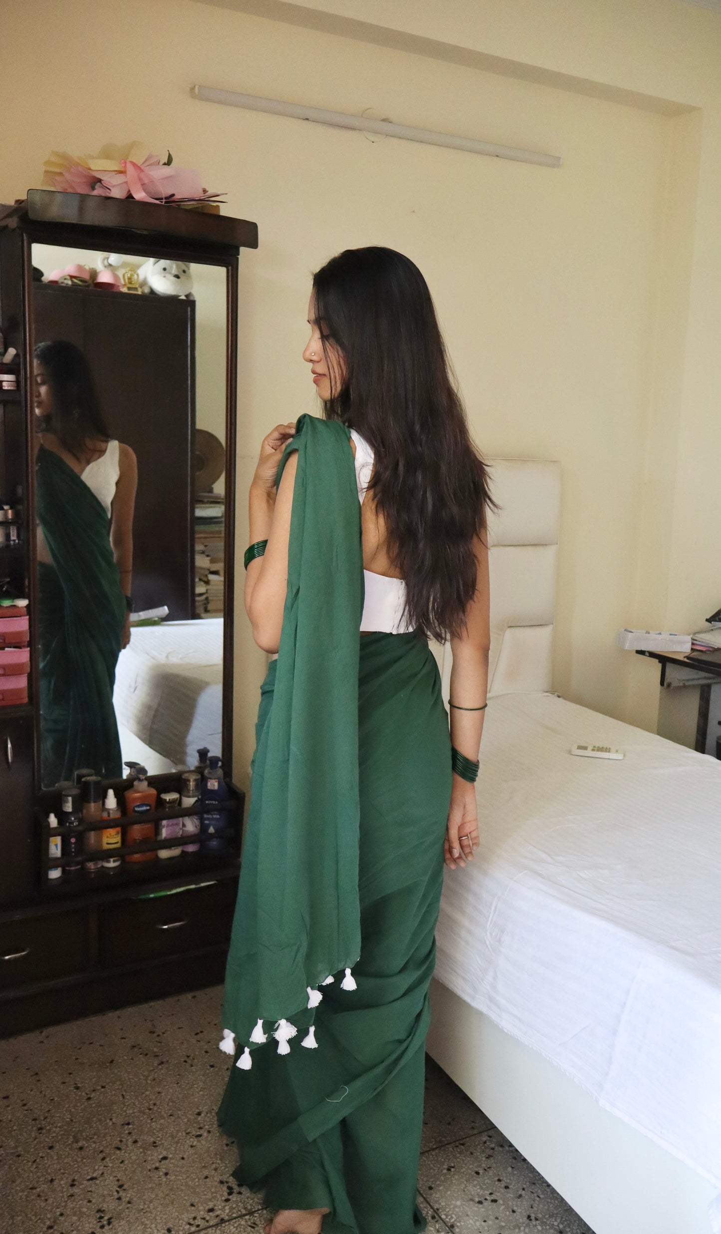 Green Flag in Love Plain Natural Dyed Plain Mulmul Cotton Saree