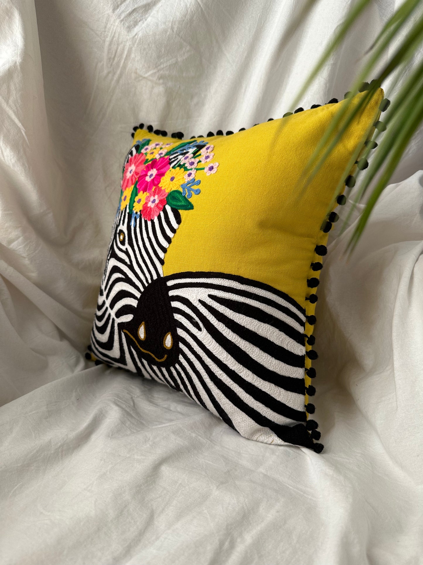 Pink Decor Embroidered Zebra Yellow Cushion Cover