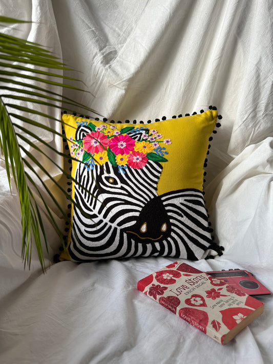 Pink Decor Embroidered Zebra Yellow Cushion Cover