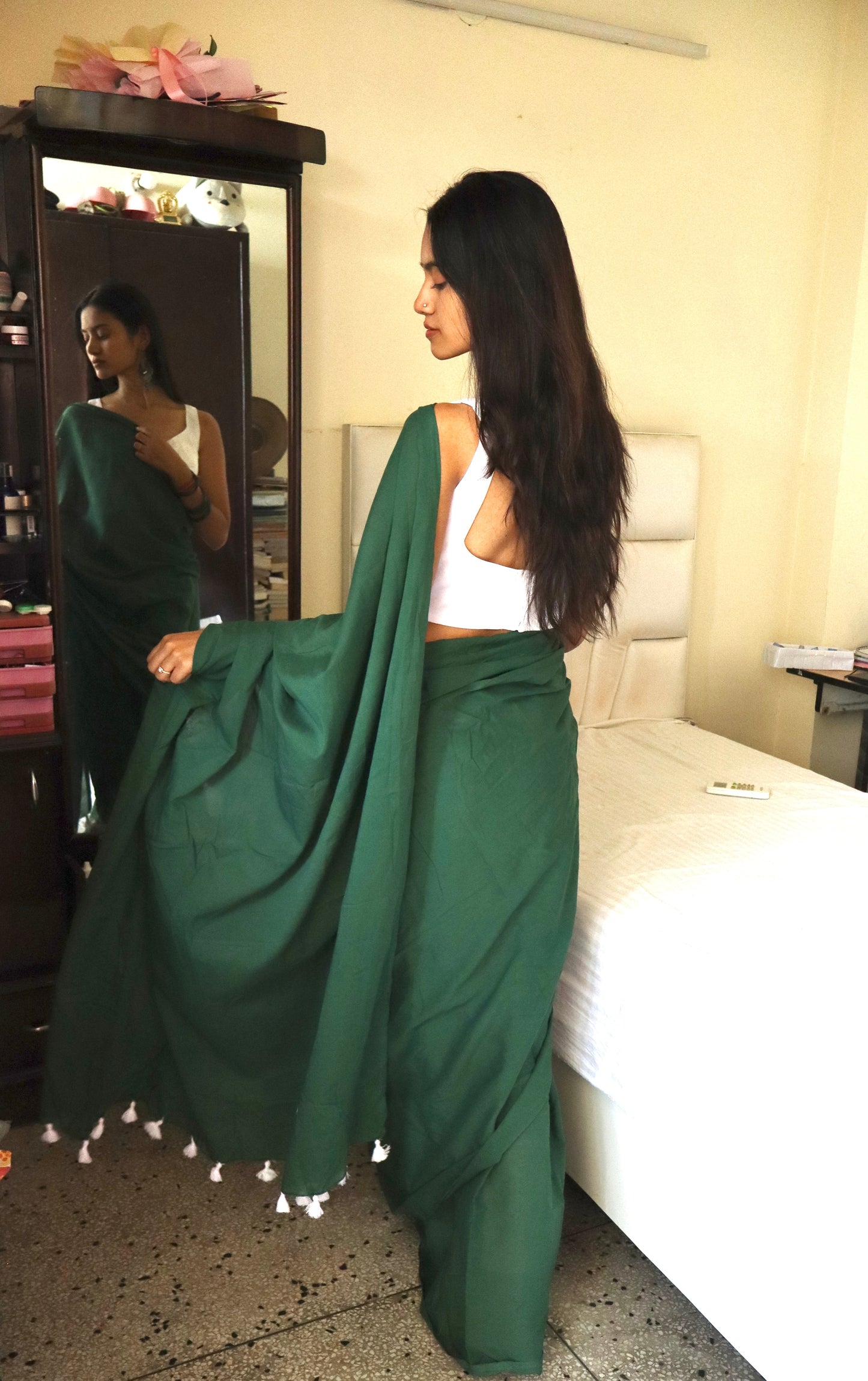 Green Flag in Love Plain Natural Dyed Plain Mulmul Cotton Saree